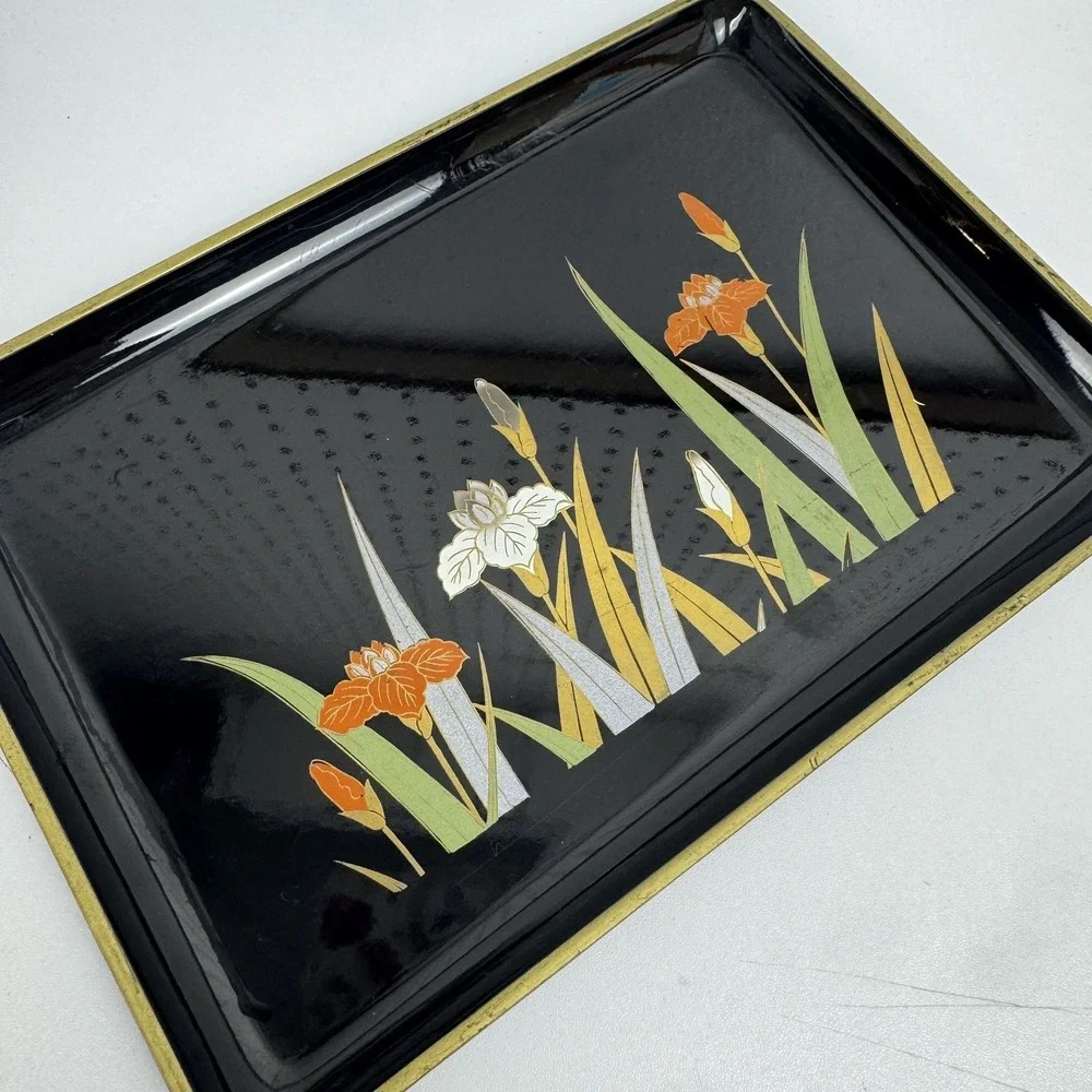 VVtg Otagiri Japan Black Lacquer Tray Iris Floral Gold MCM Serving‎ Trayr